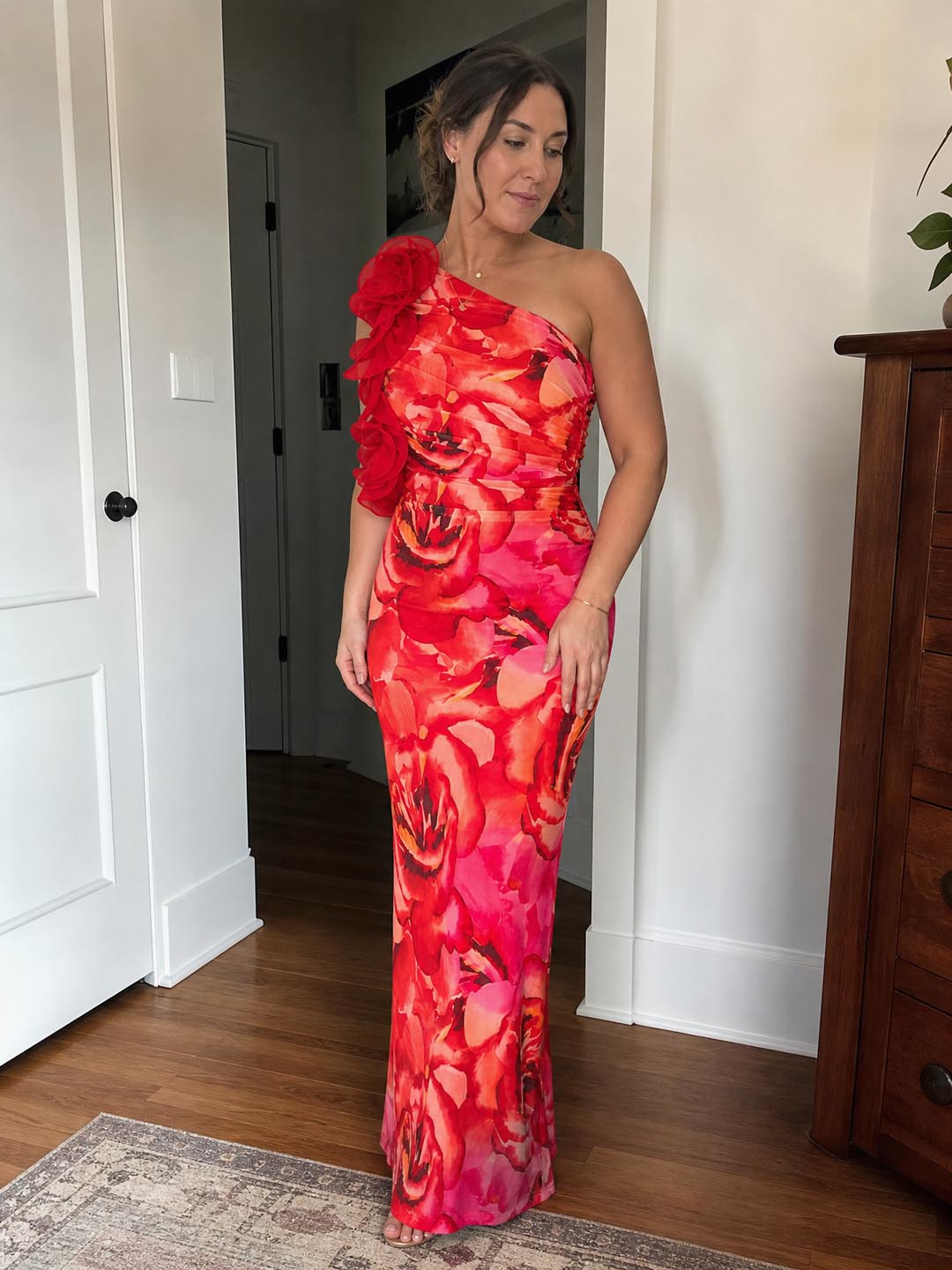 Customer review image for Toperth Red Floral Ruffle One-Shoulder Mesh Maxi Dress