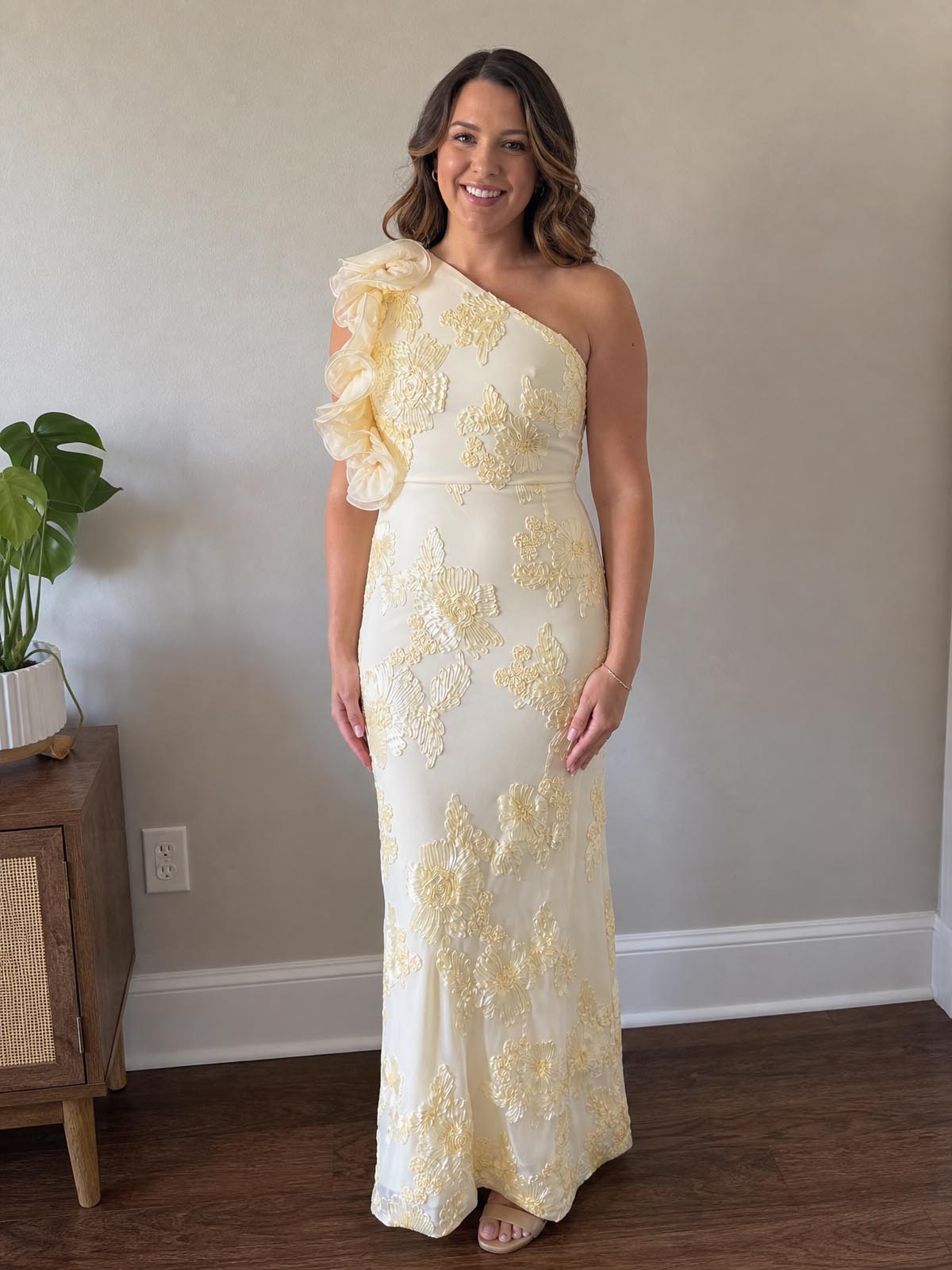 Customer review image for Toperth Yellow Embroidered Ruffle One-Shoulder Mesh Maxi Dress