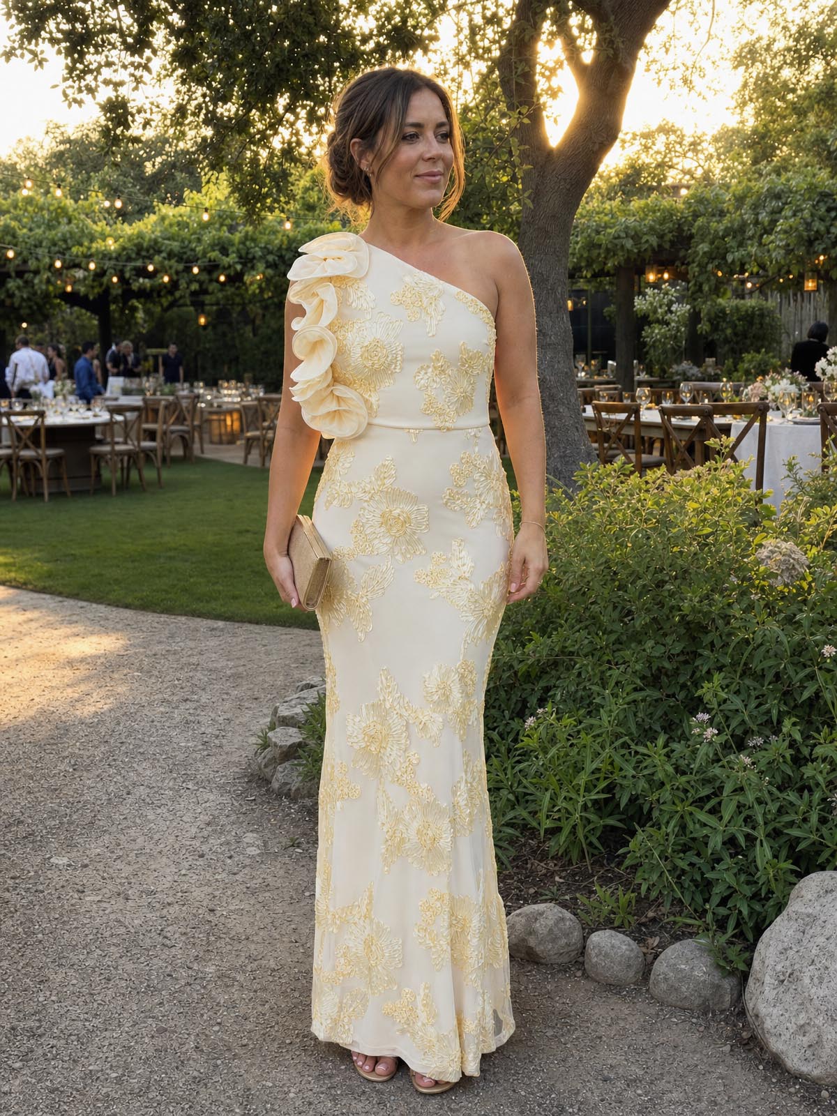 Customer review image for Toperth Yellow Embroidered Ruffle One-Shoulder Mesh Maxi Dress