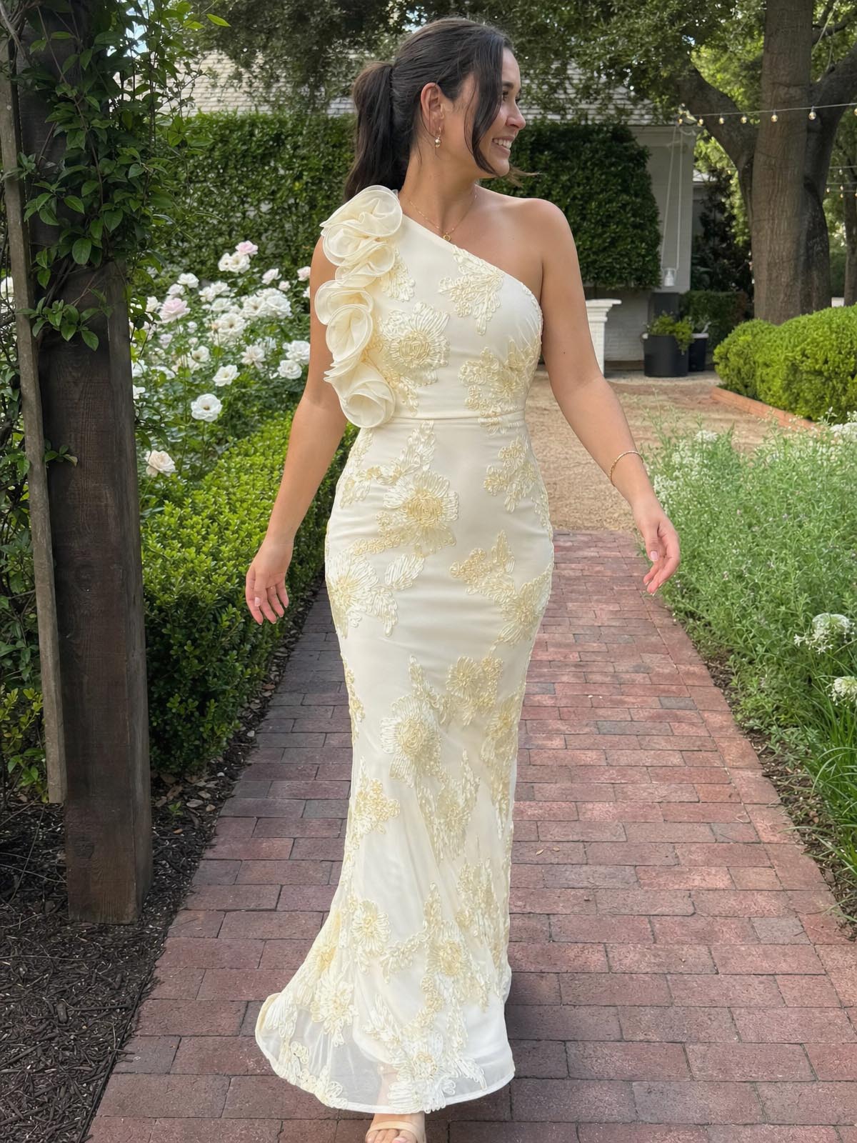 Customer review image for Toperth Yellow Embroidered Ruffle One-Shoulder Mesh Maxi Dress