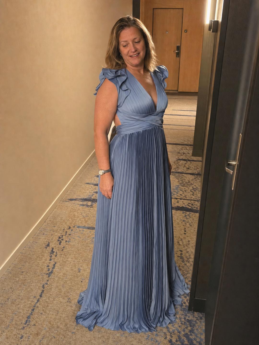 Click to view full screen Customer review image for Toperth Blue Ruffle Shoulder V-Neck Pleated Maxi Dress