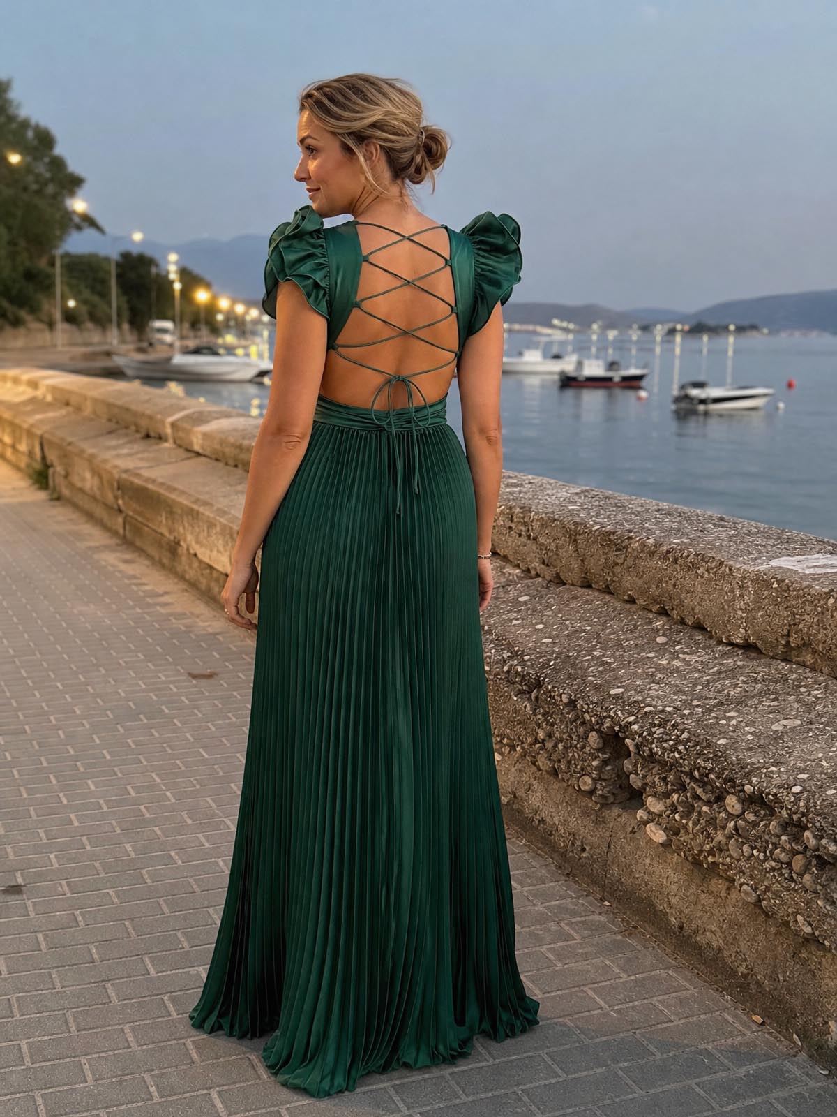 Customer review image for Toperth Forest Green Ruffle Shoulder V-Neck Pleated Maxi Dress