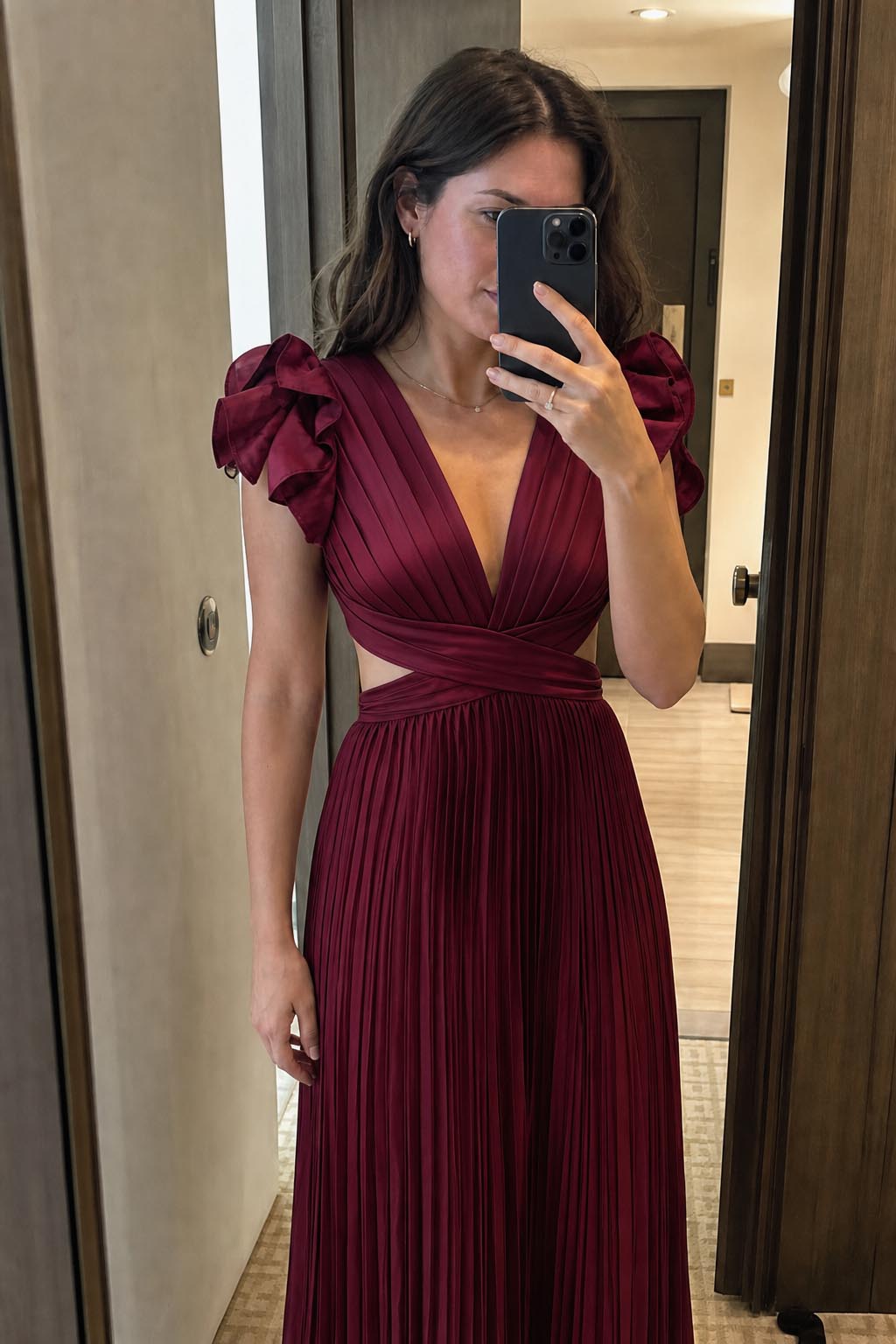Customer review image for Toperth Burgundy Ruffle Shoulder V-Neck Pleated Maxi Dress