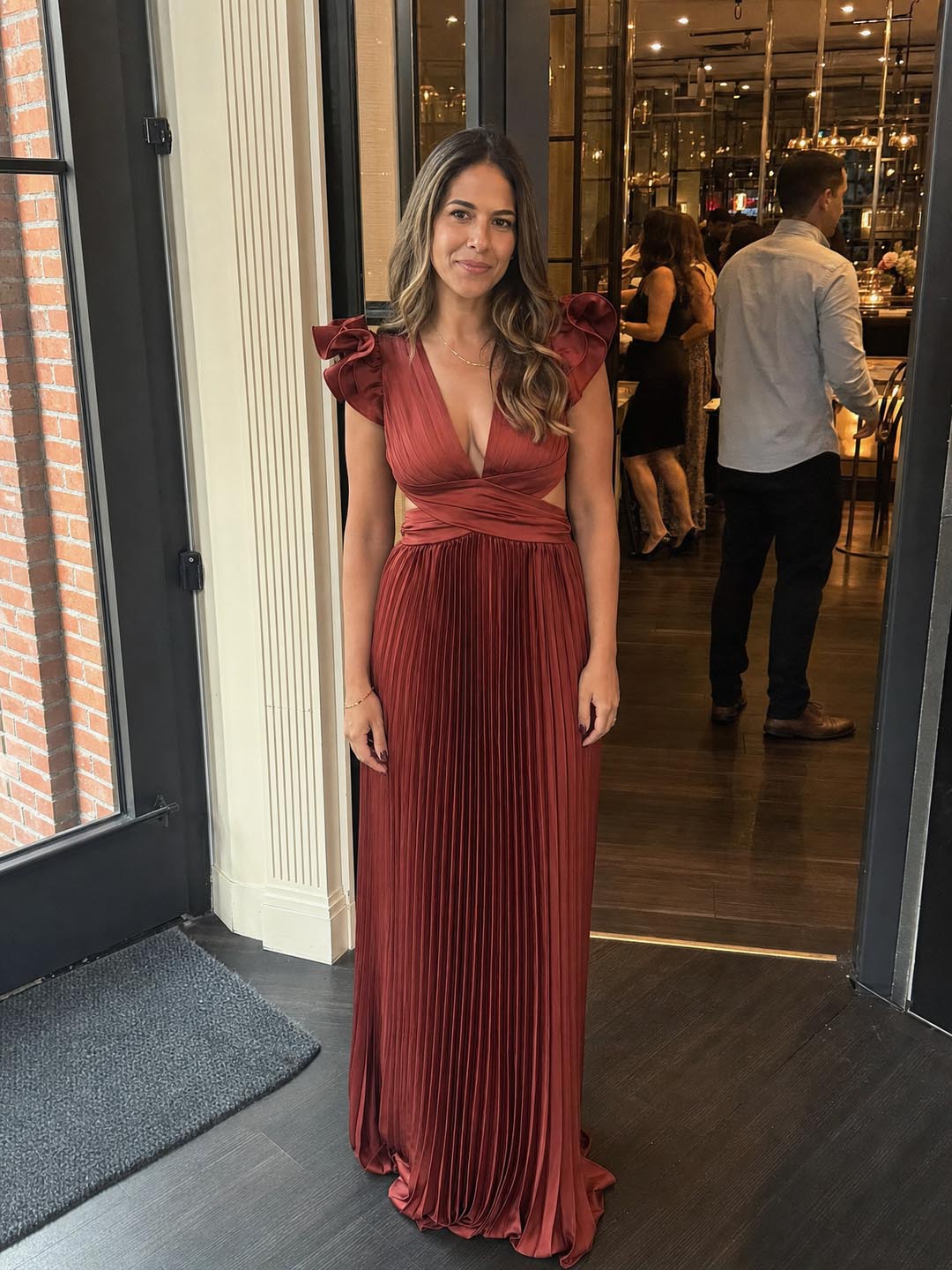 Customer review image for Toperth Wine Ruffle Shoulder V-Neck Pleated Maxi Dress