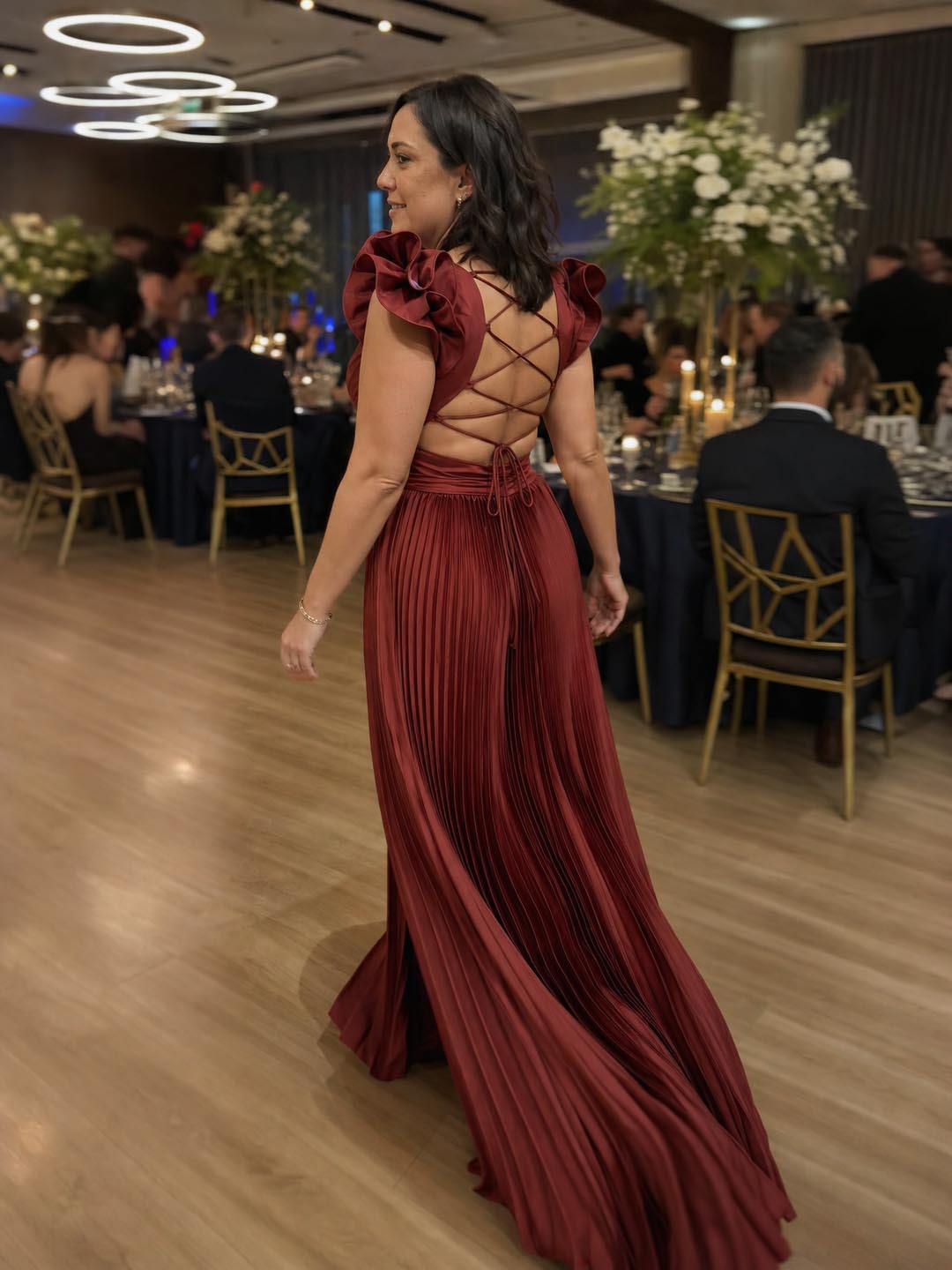 Customer review image for Toperth Wine Ruffle Shoulder V-Neck Pleated Maxi Dress