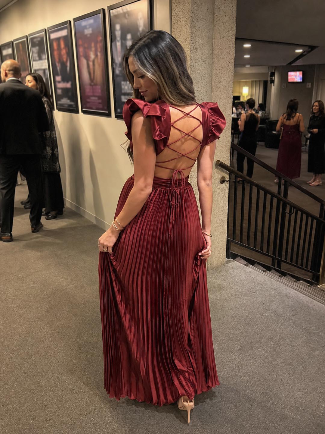 Customer review image for Toperth Wine Ruffle Shoulder V-Neck Pleated Maxi Dress