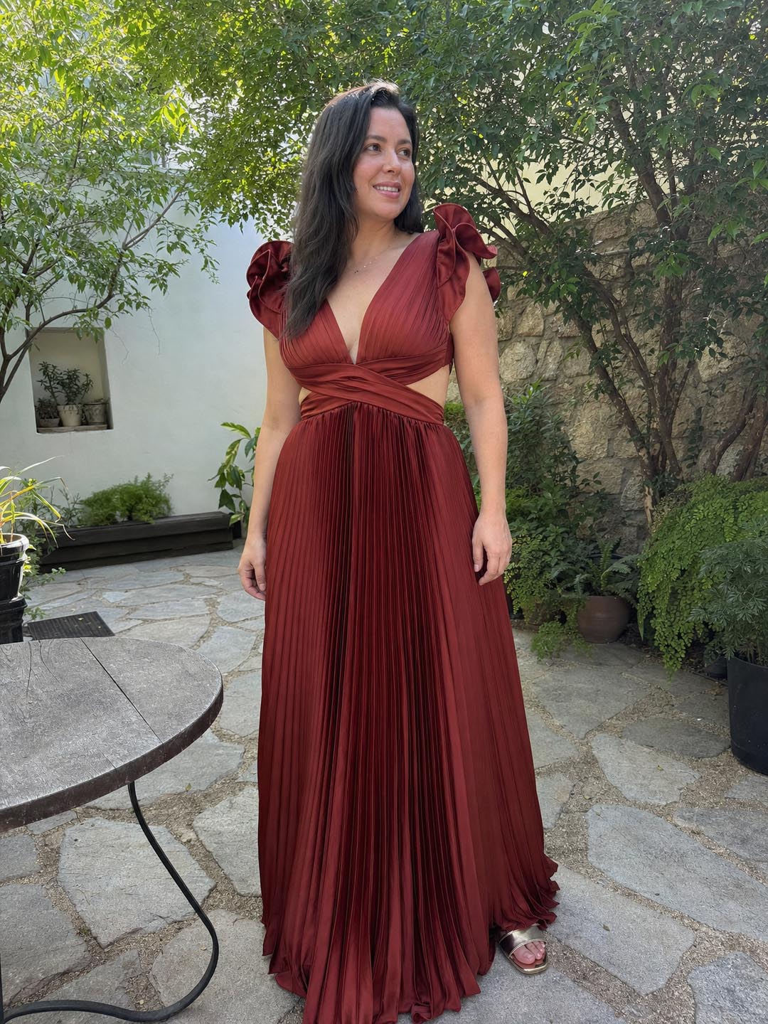 Customer review image for Toperth Wine Ruffle Shoulder V-Neck Pleated Maxi Dress