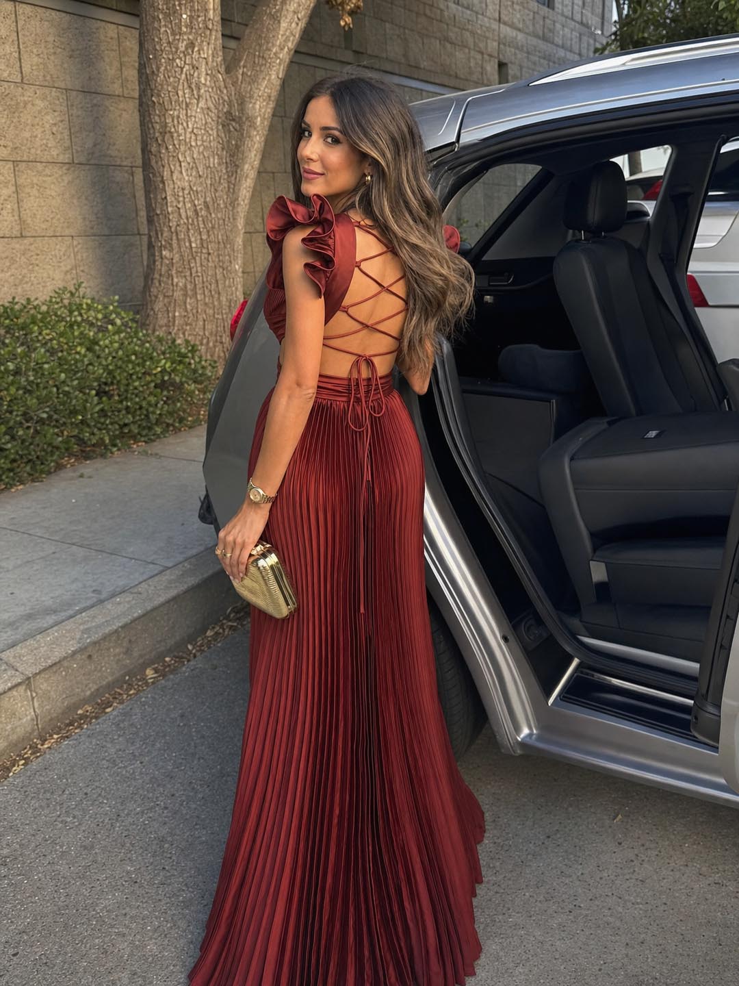 Customer review image for Toperth Wine Ruffle Shoulder V-Neck Pleated Maxi Dress