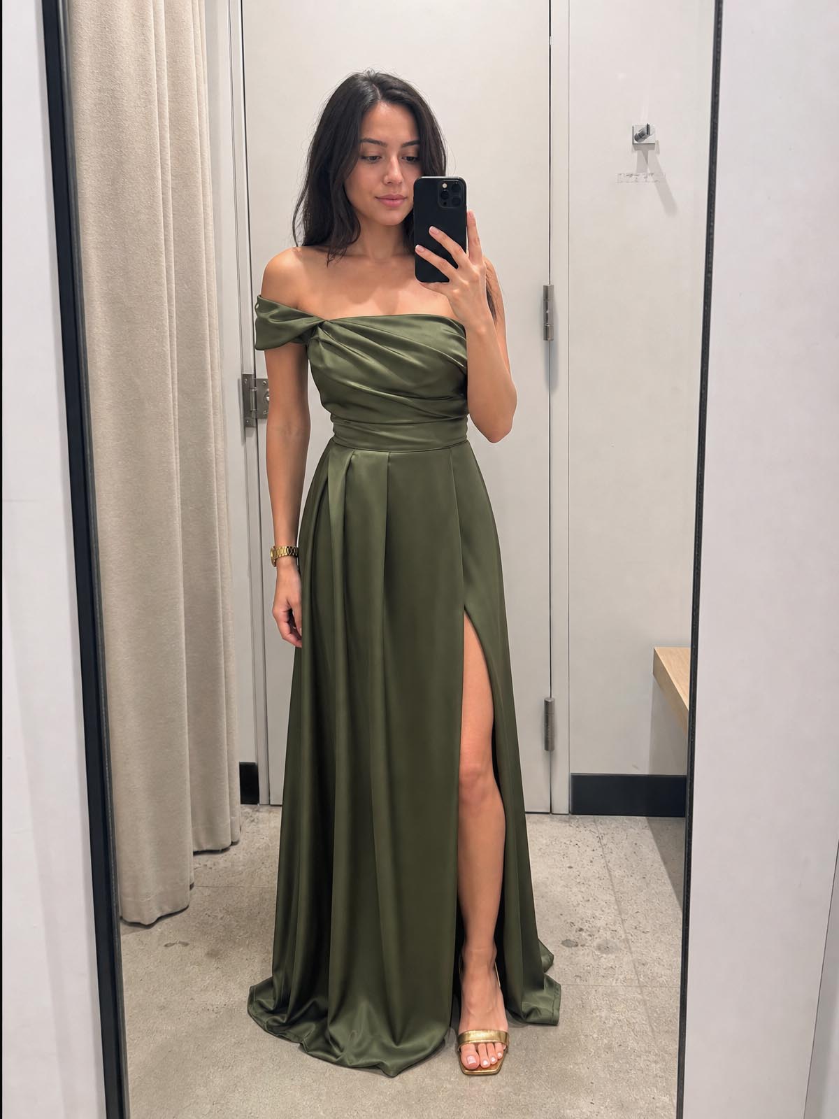Click to view full screen Customer review image for Toperth Olive One-Shoulder Draped High Slit Maxi Dress Set