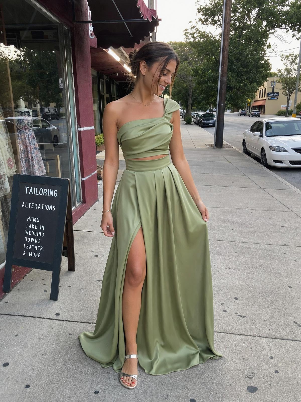 Click to view full screen Customer review image for Toperth Sage One-Shoulder Draped High Slit Maxi Dress Set
