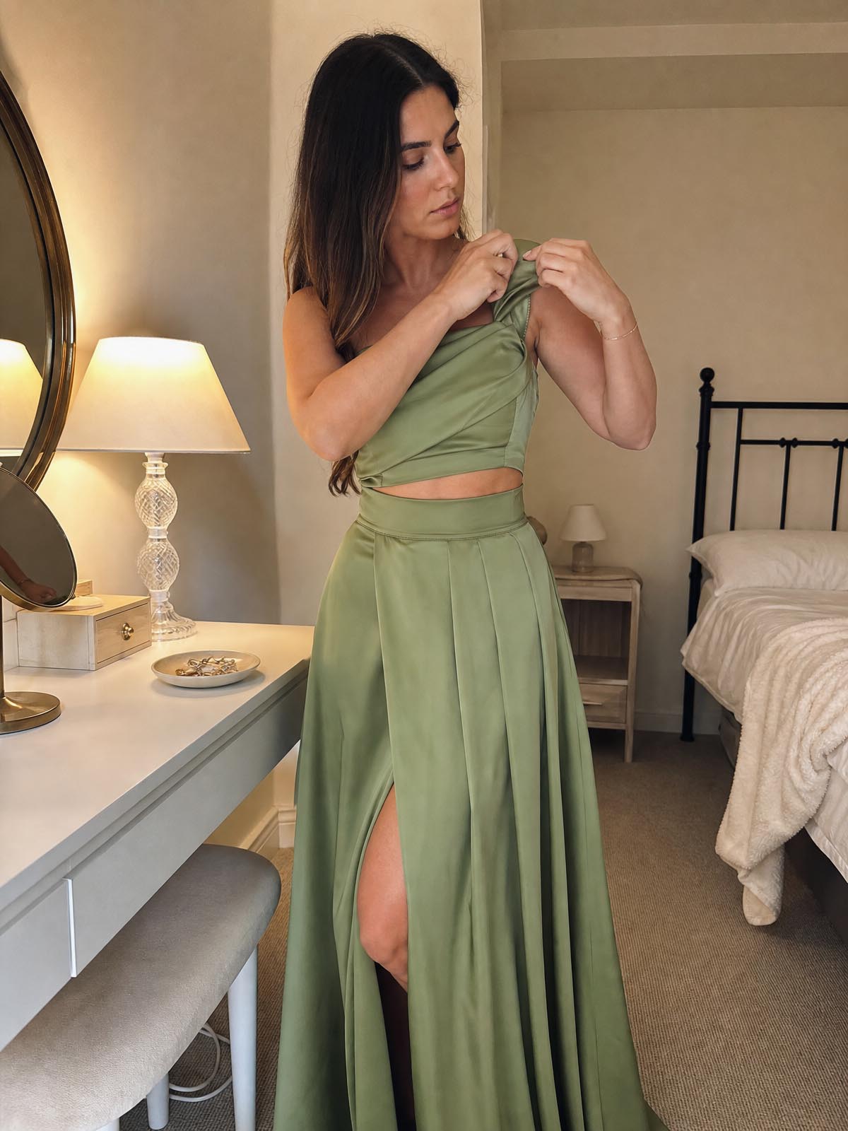 Click to view full screen Customer review image for Toperth Sage One-Shoulder Draped High Slit Maxi Dress Set