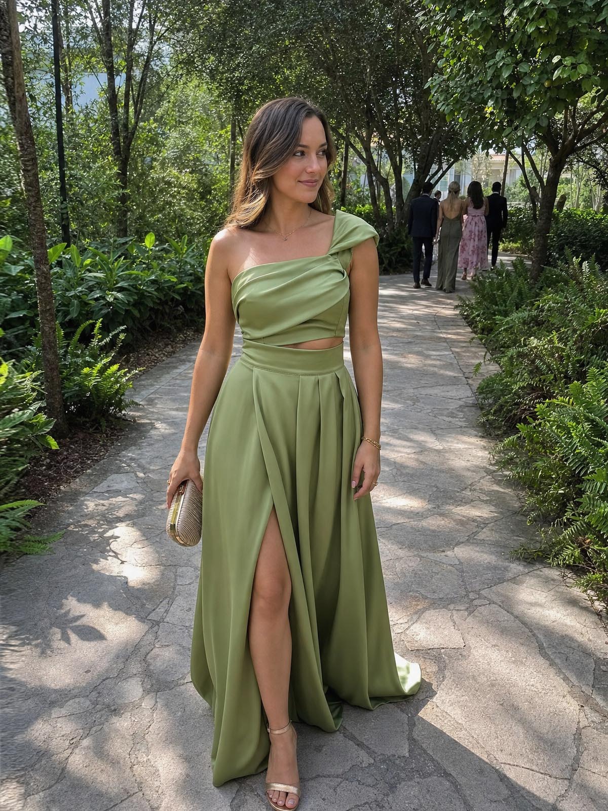 Click to view full screen Customer review image for Toperth Sage One-Shoulder Draped High Slit Maxi Dress Set