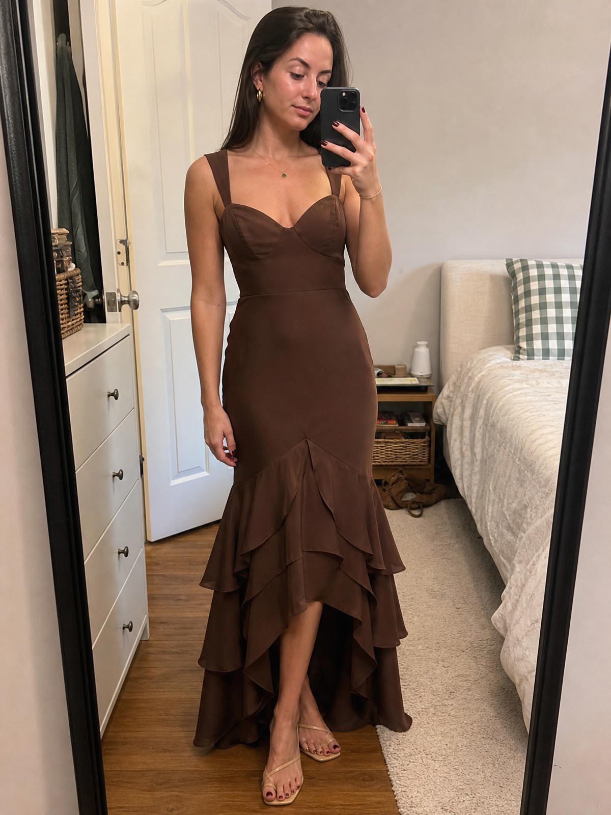 Click to view full screen Customer review image for Toperth Brown Tiered Ruffle Bustier Mermaid Maxi Dress