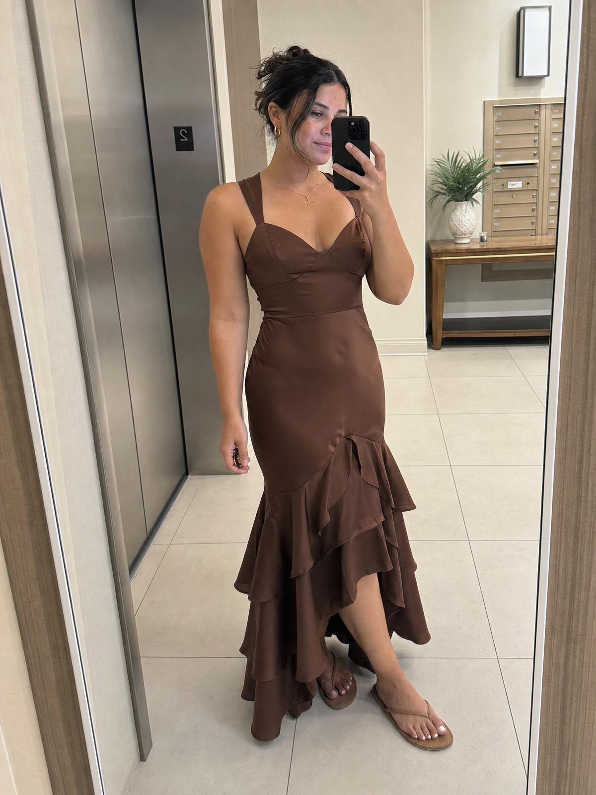 Click to view full screen Customer review image for Toperth Brown Tiered Ruffle Bustier Mermaid Maxi Dress