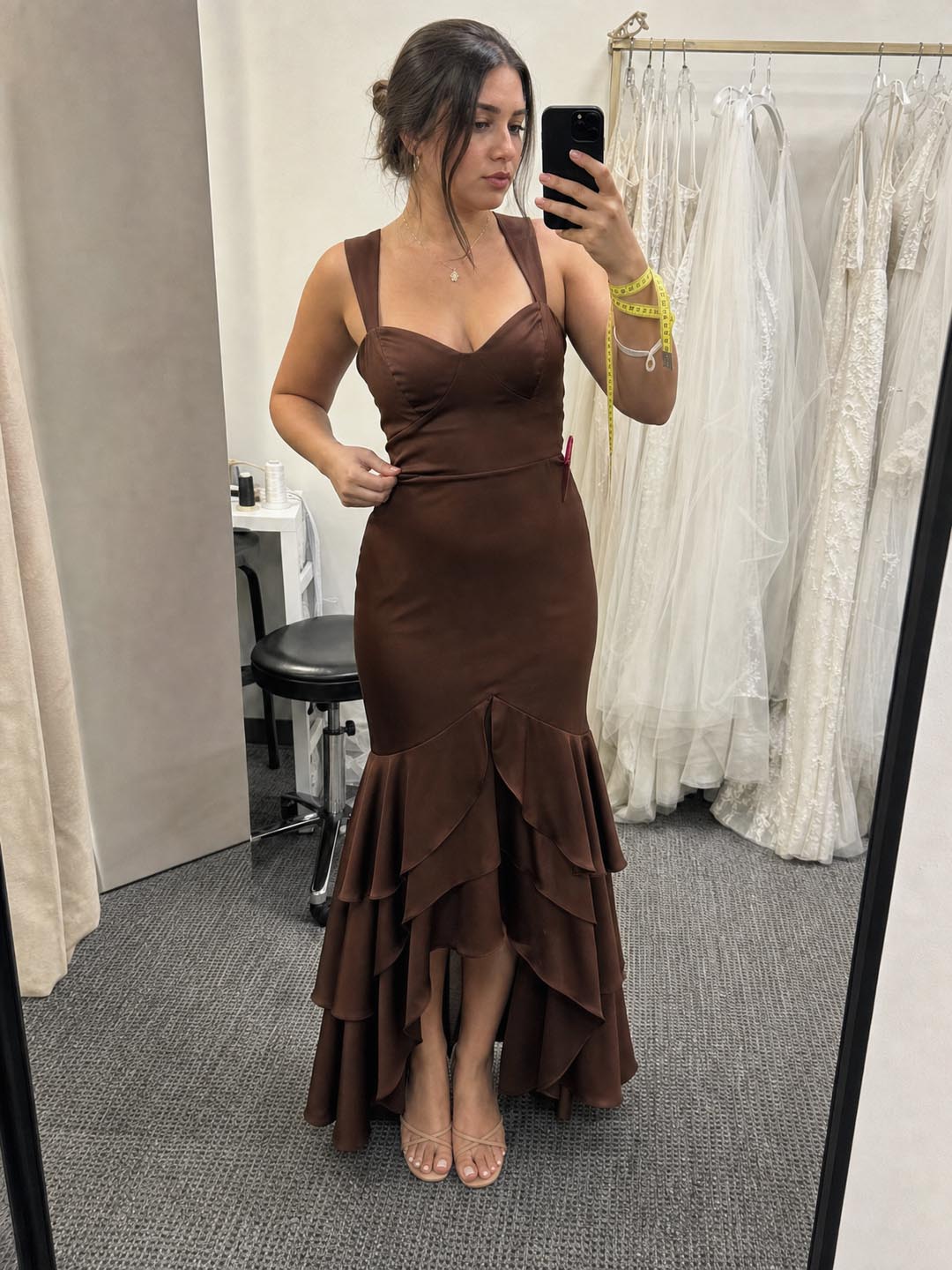 Click to view full screen Customer review image for Toperth Brown Tiered Ruffle Bustier Mermaid Maxi Dress