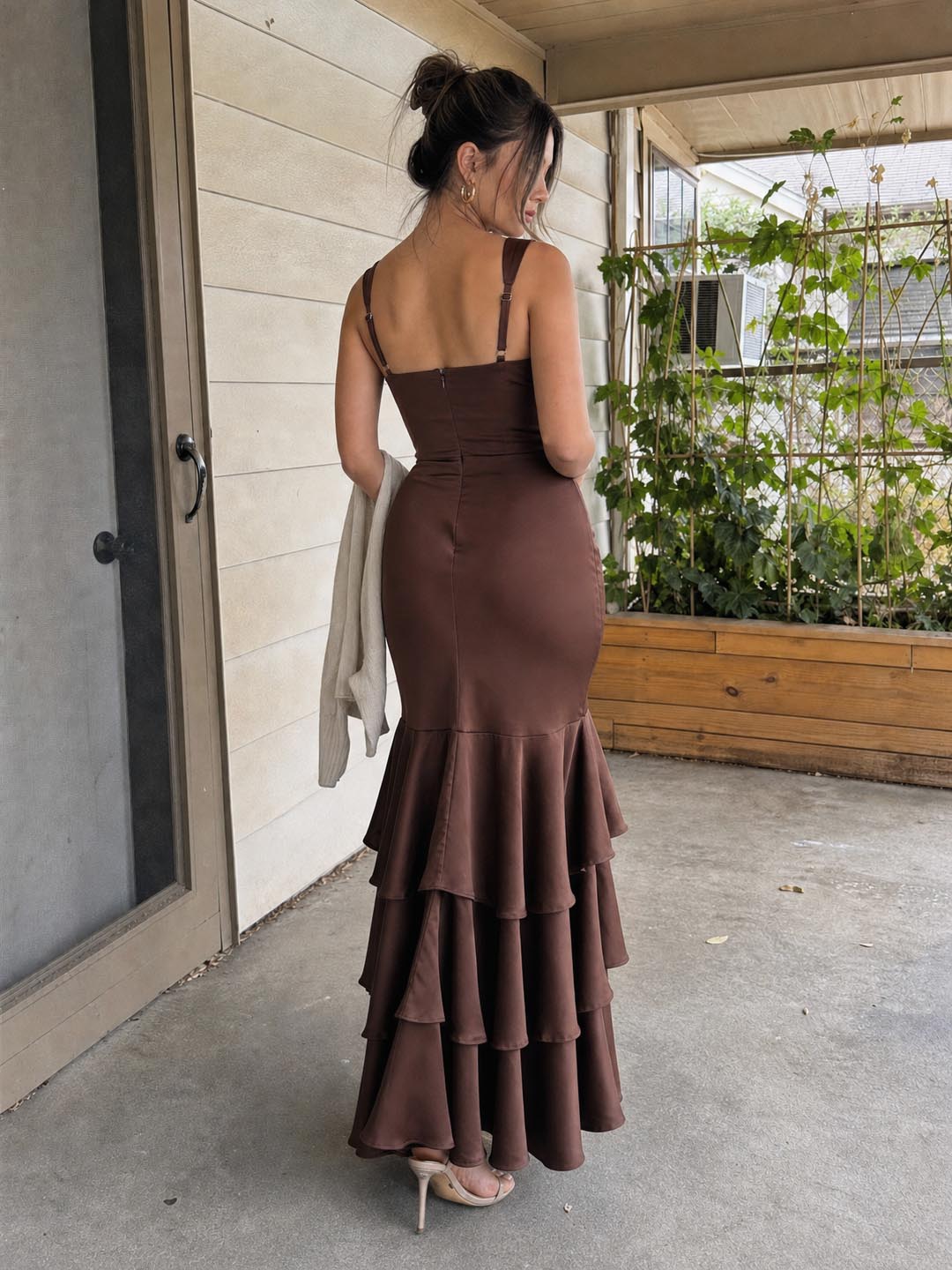 Click to view full screen Customer review image for Toperth Brown Tiered Ruffle Bustier Mermaid Maxi Dress
