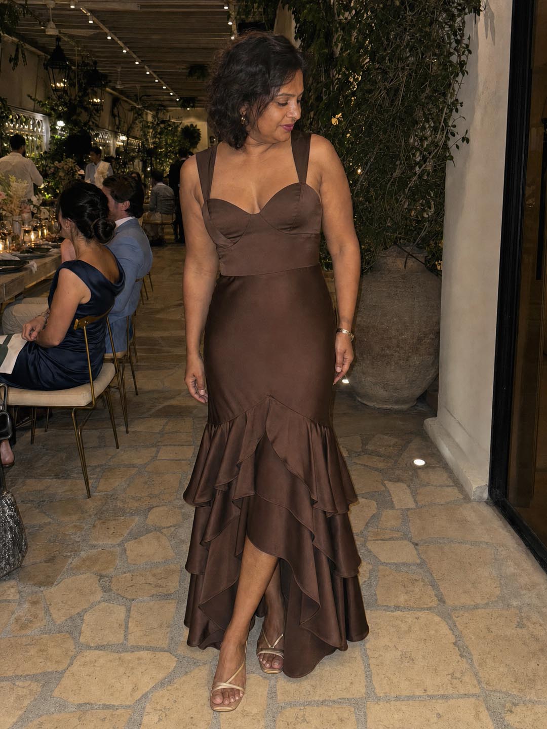 Click to view full screen Customer review image for Toperth Brown Tiered Ruffle Bustier Mermaid Maxi Dress