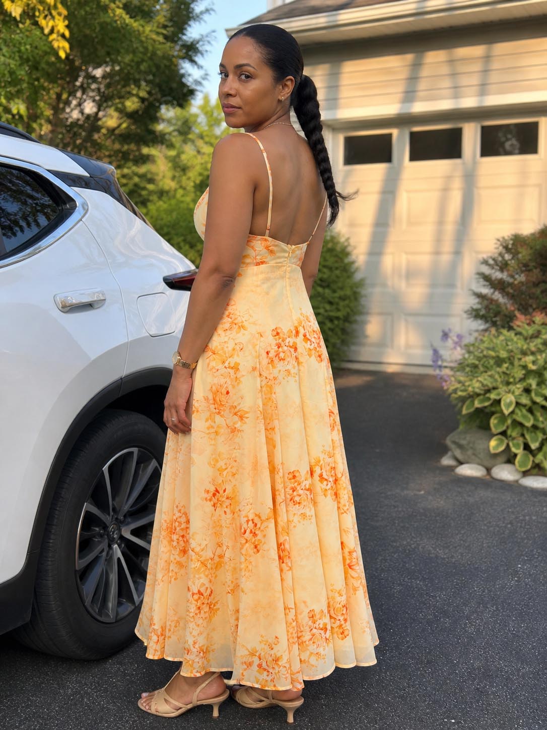 Click to view full screen Customer review image for Toperth Apricot Floral V-Neck Flared Maxi Dress