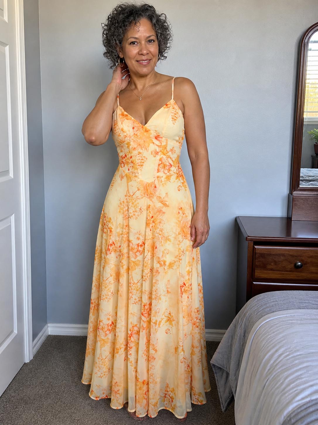 Click to view full screen Customer review image for Toperth Apricot Floral V-Neck Flared Maxi Dress