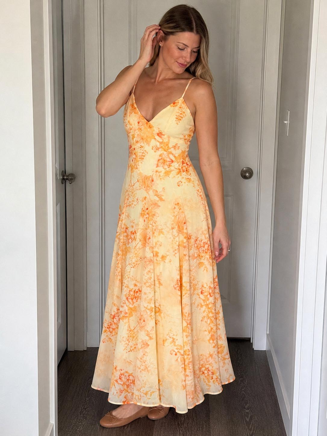 Click to view full screen Customer review image for Toperth Apricot Floral V-Neck Flared Maxi Dress