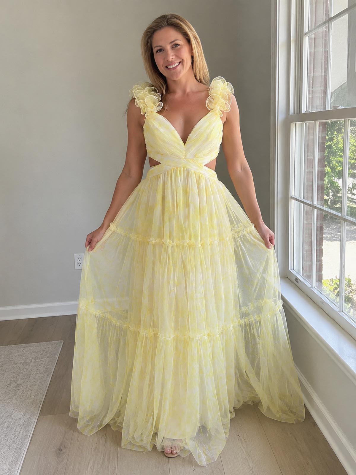 Click to view full screen Customer review image for Toperth Yellow Frill Strap Cutout Printed Maxi Dress