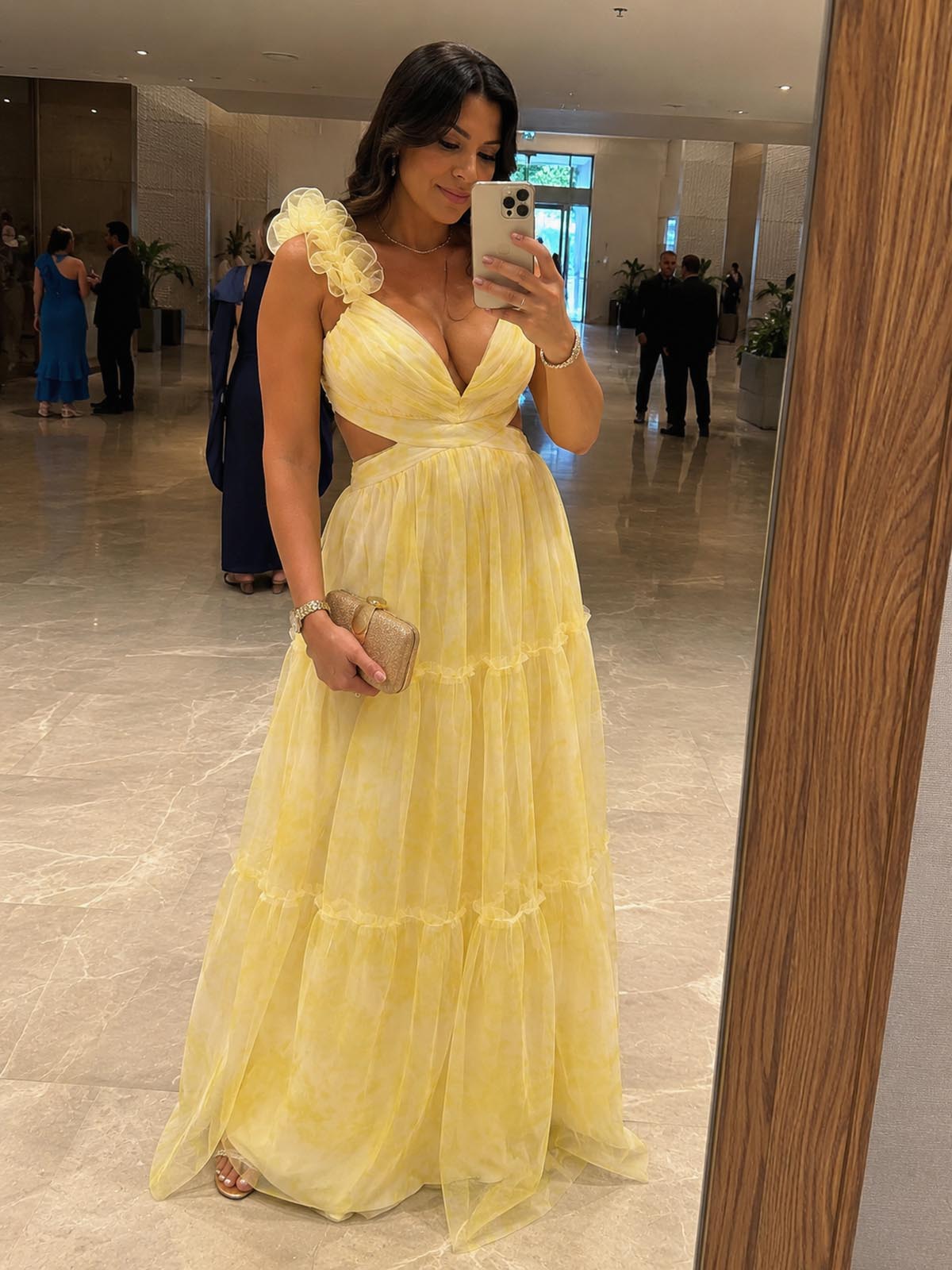 Click to view full screen Customer review image for Toperth Yellow Frill Strap Cutout Printed Maxi Dress