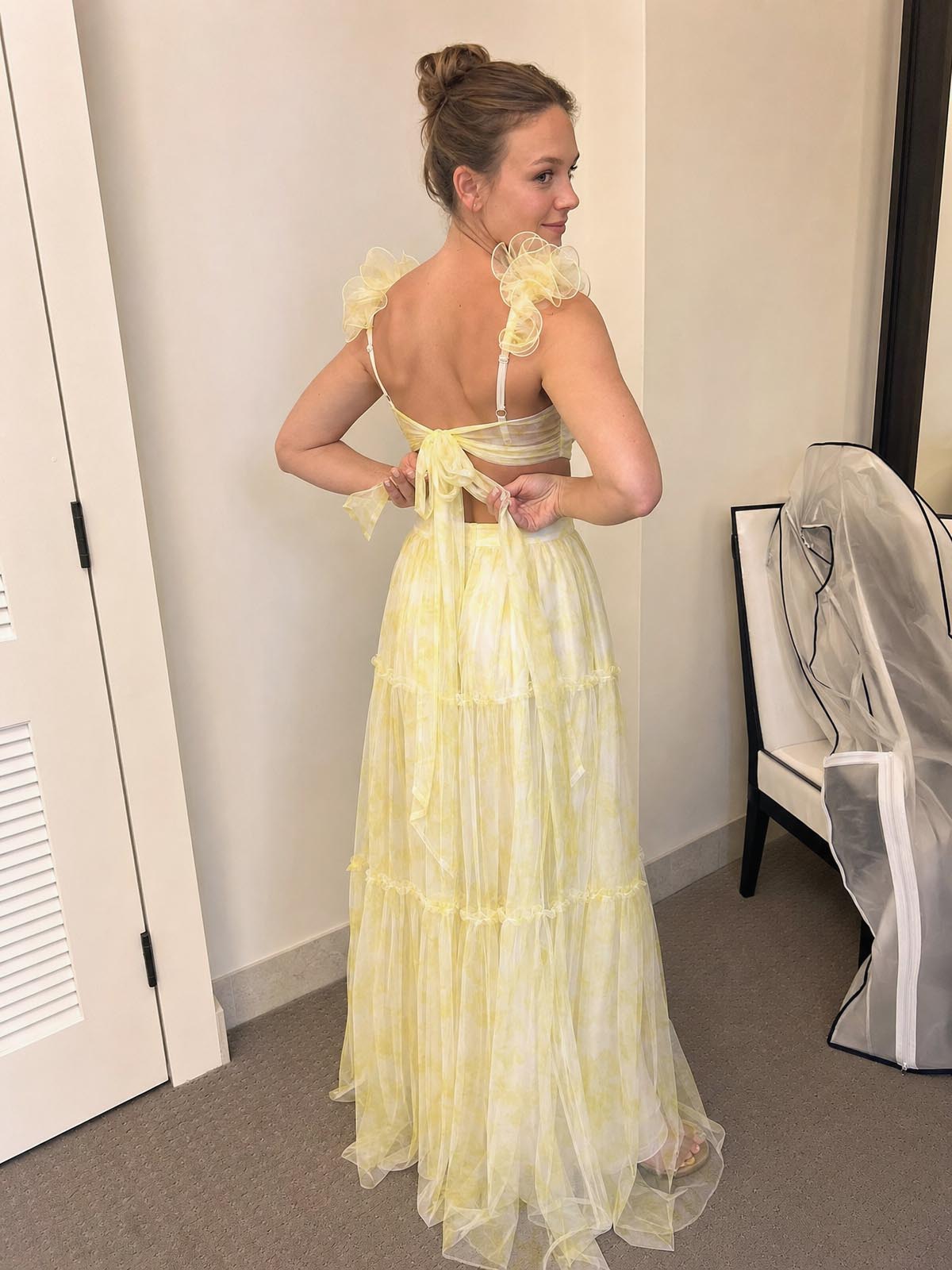 Click to view full screen Customer review image for Toperth Yellow Frill Strap Cutout Printed Maxi Dress