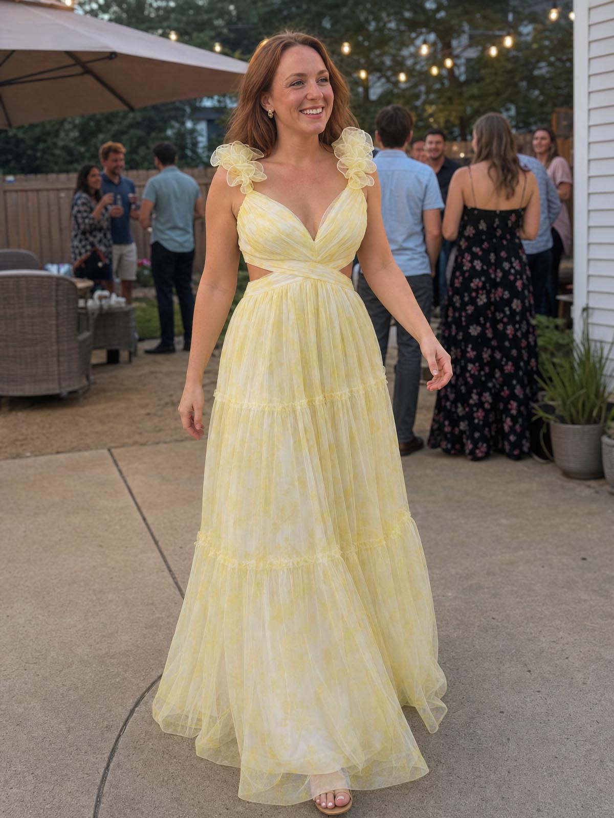 Click to view full screen Customer review image for Toperth Yellow Frill Strap Cutout Printed Maxi Dress