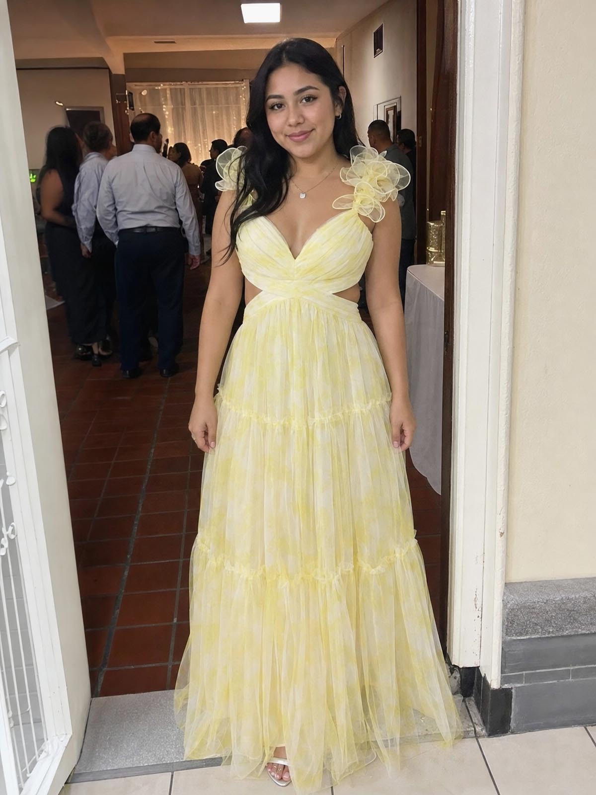 Click to view full screen Customer review image for Toperth Yellow Frill Strap Cutout Printed Maxi Dress