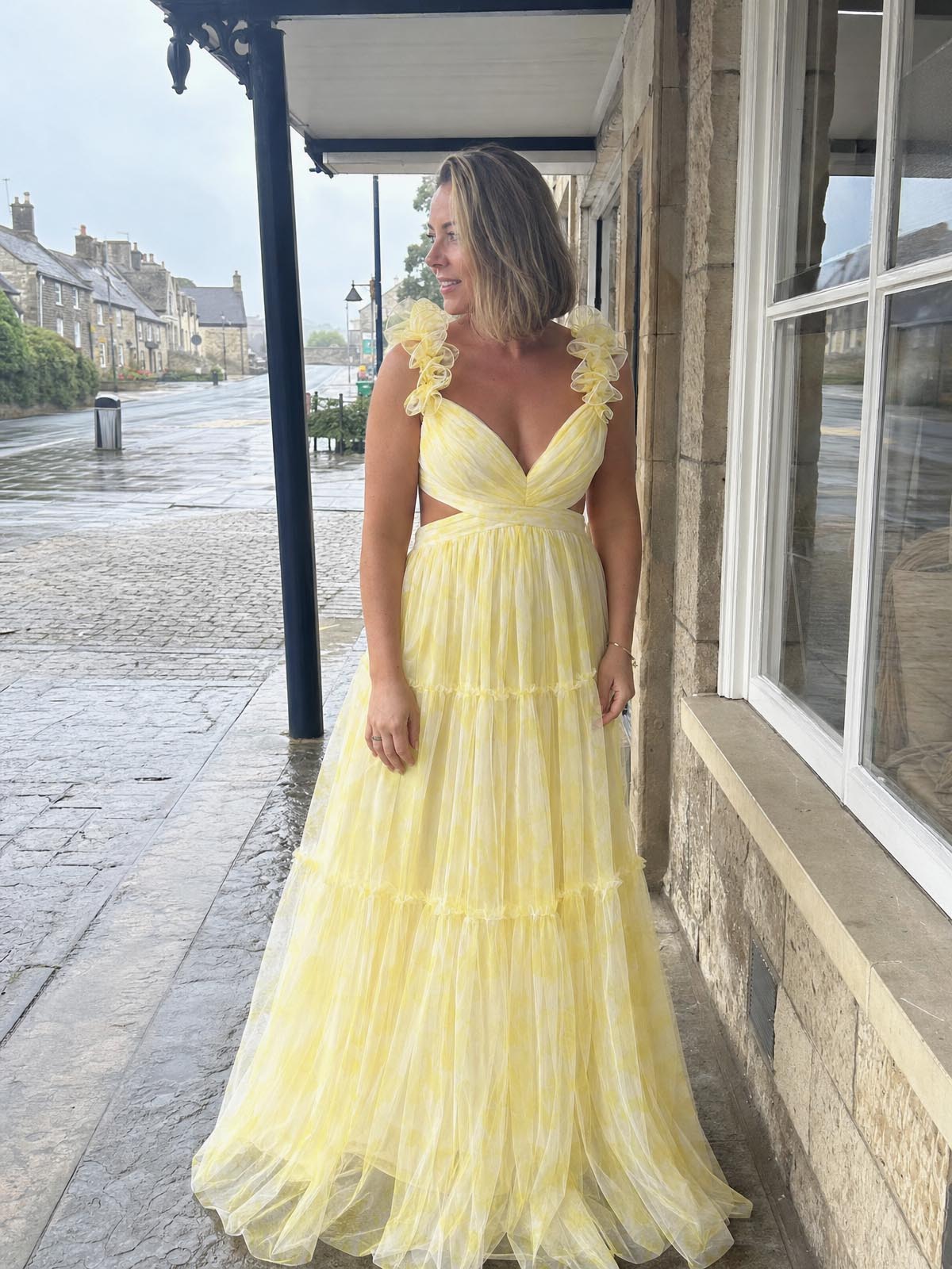 Click to view full screen Customer review image for Toperth Yellow Frill Strap Cutout Printed Maxi Dress