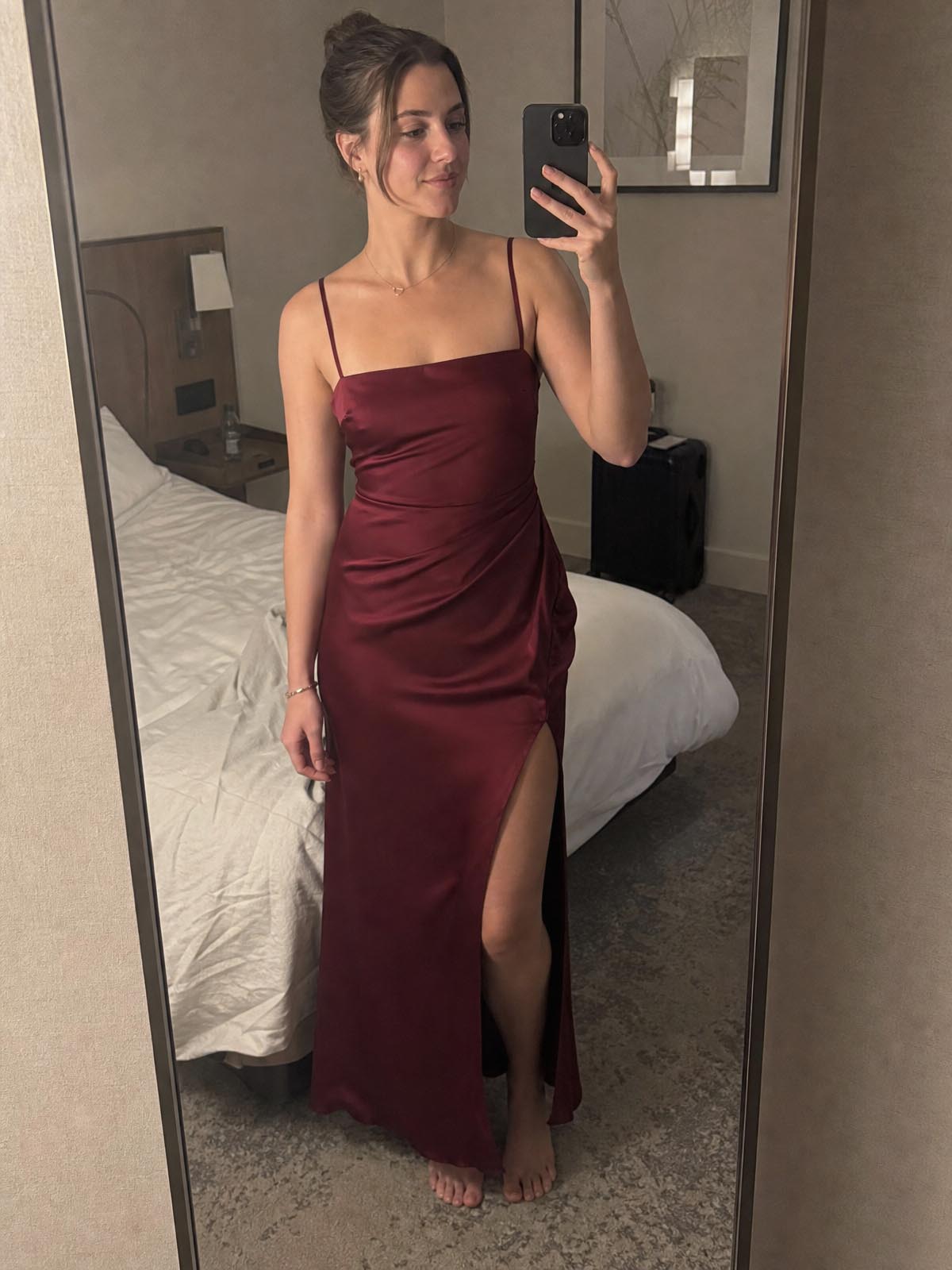 Click to view full screen Customer review image for Toperth Wine Square Neckline Satin Pleated Maxi Dress