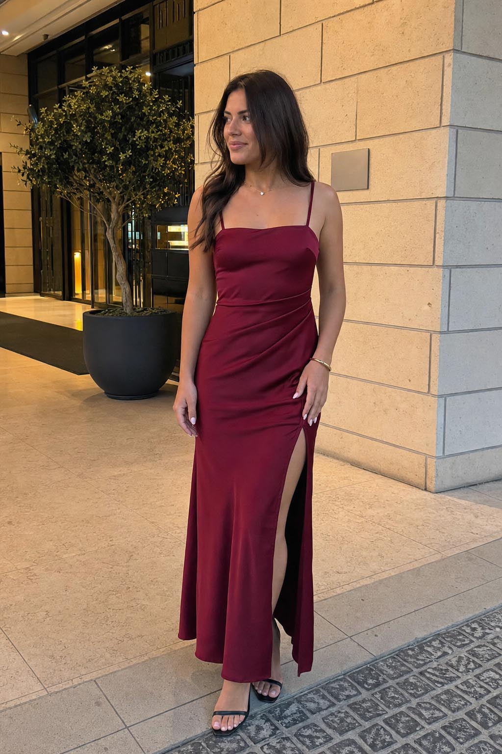 Click to view full screen Customer review image for Toperth Wine Square Neckline Satin Pleated Maxi Dress