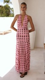 Pink/Brown Polka Halter Tie Ruched Maxi Dress