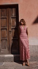Pink/Brown Polka Halter Tie Ruched Maxi Dress