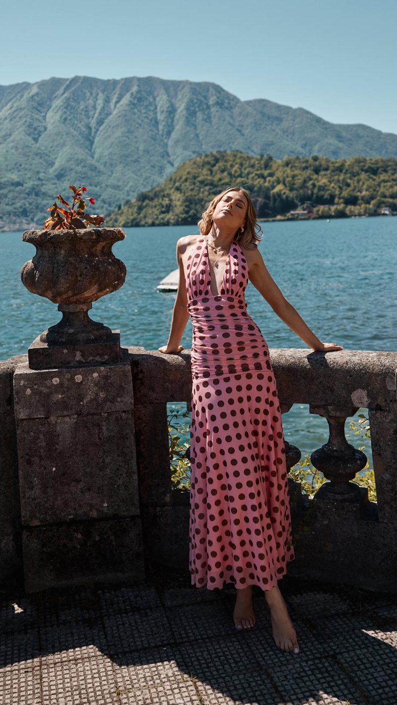 Pink/Brown Polka Halter Tie Ruched Maxi Dress