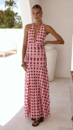 Pink/Brown Polka Halter Tie Ruched Maxi Dress