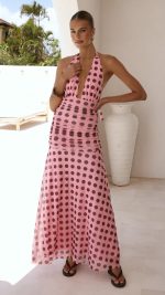 Pink/Brown Polka Halter Tie Ruched Maxi Dress