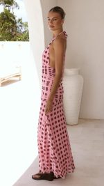 Pink/Brown Polka Halter Tie Ruched Maxi Dress