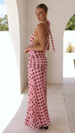 Pink/Brown Polka Halter Tie Ruched Maxi Dress