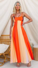 Orange Colorblock Smocked-Back Maxi Dress
