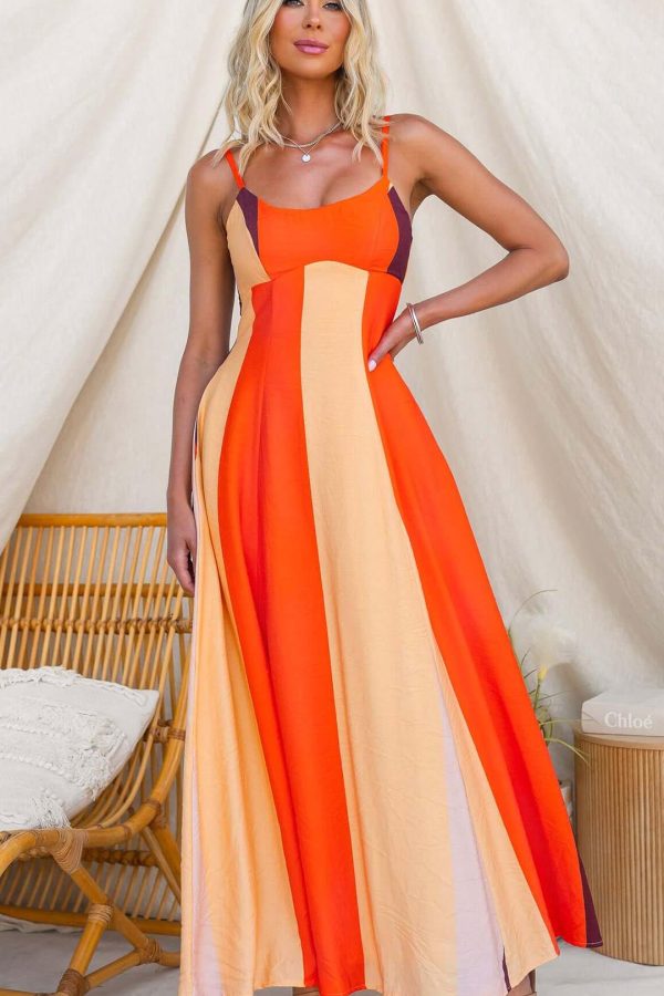 Orange Colorblock Smocked-Back Maxi Dress