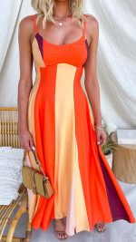 Orange Colorblock Smocked-Back Maxi Dress