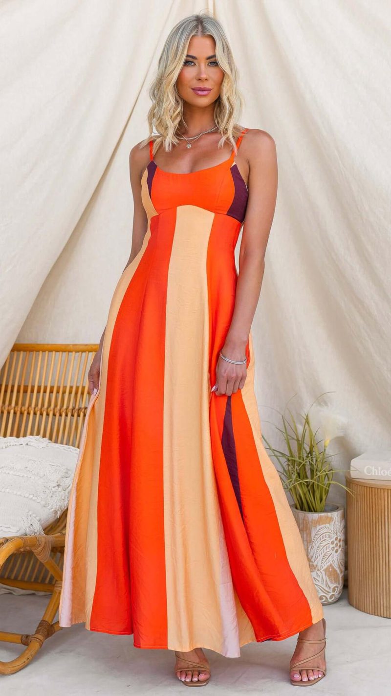Orange Colorblock Smocked-Back Maxi Dress