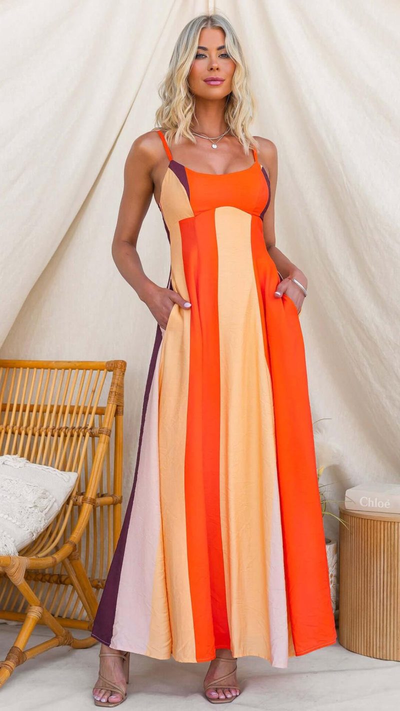 Orange Colorblock Smocked-Back Maxi Dress