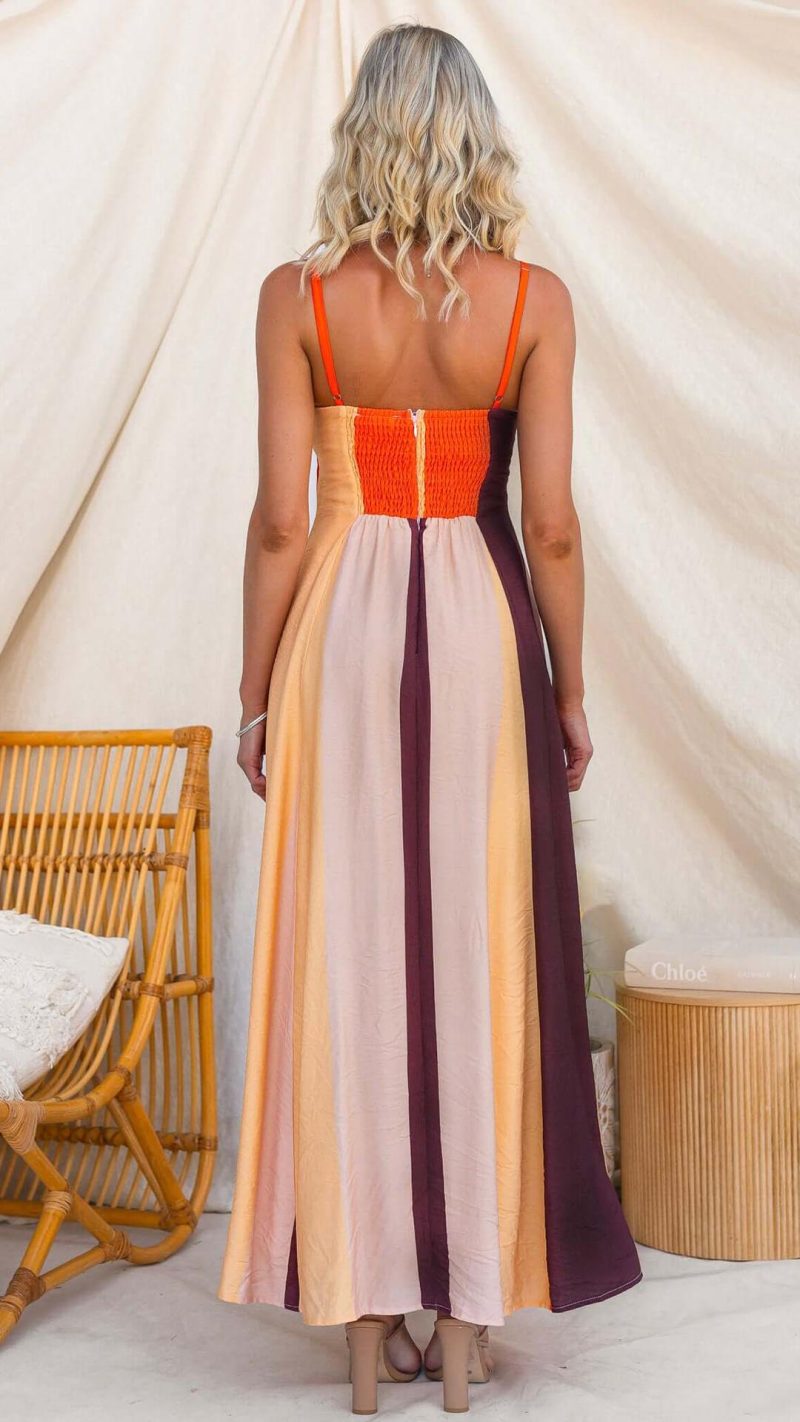Orange Colorblock Smocked-Back Maxi Dress