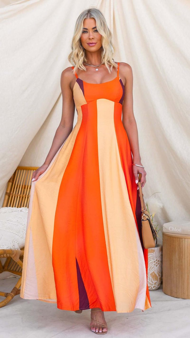 Orange Colorblock Smocked-Back Maxi Dress