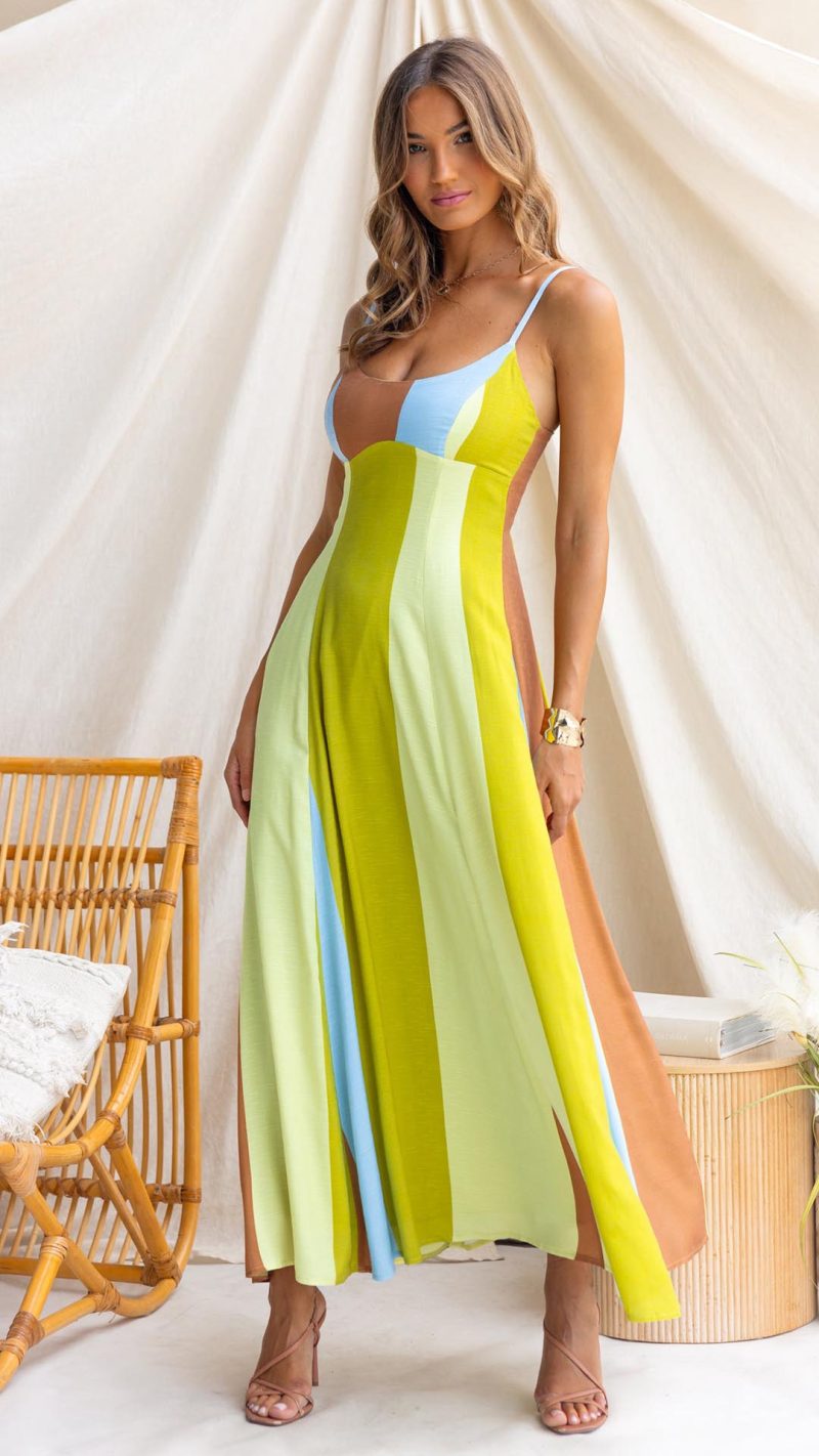 Orange Colorblock Smocked-Back Maxi Dress