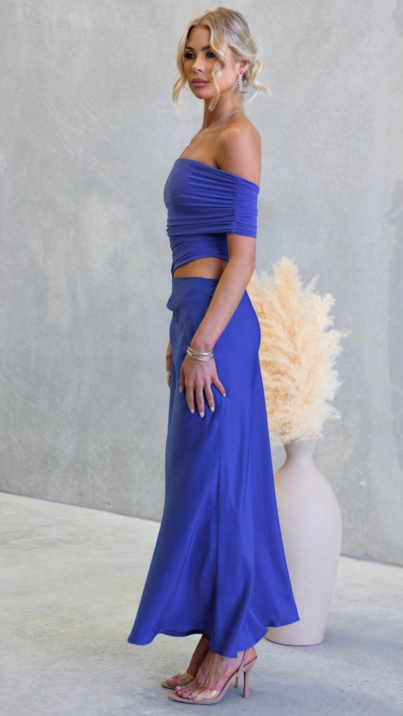 Blue Cutout Ruched Mesh Maxi Dress