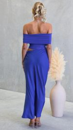 Blue Cutout Ruched Mesh Maxi Dress