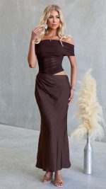 Chocolate Cutout Ruched Mesh Maxi Dress
